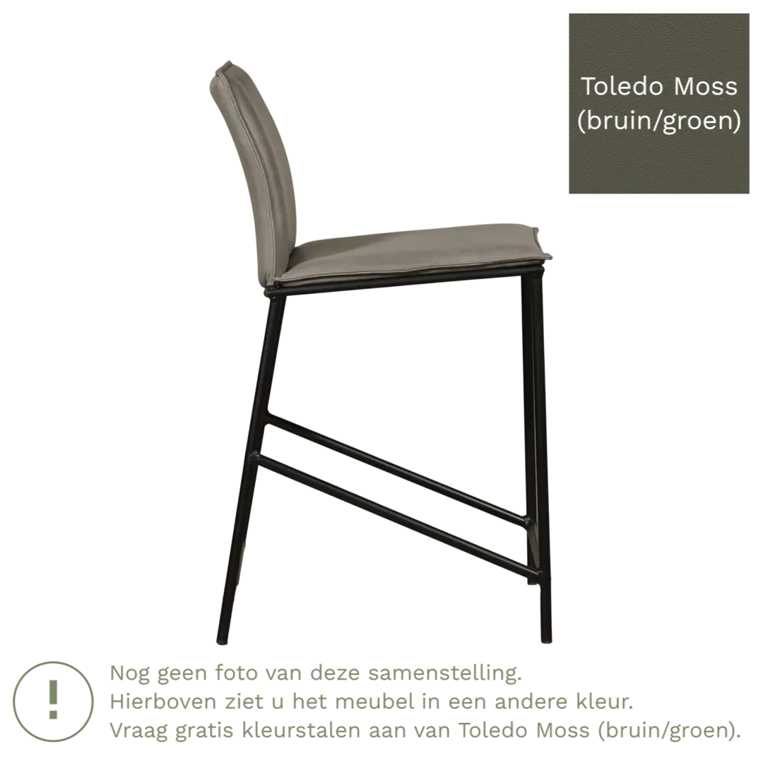 afbeelding van Leren barkruk laag Favor - Toledo Moss (bruin/groen) - poten staal rond zwart